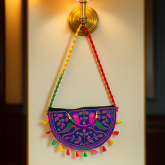 Vibrant Embroidered Sling – Rainbow Strap Parrot Motif Purse