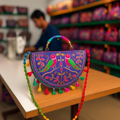 Vibrant Embroidered Sling – Rainbow Strap Parrot Motif Purse