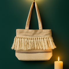 Creamy Boho Tassel Tote – All Beige Textured Handbag