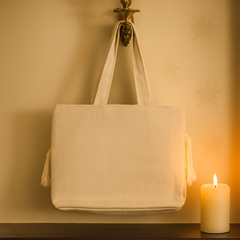 Creamy Boho Tassel Tote – All Beige Textured Handbag