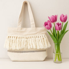 Creamy Boho Tassel Tote – All Beige Textured Handbag