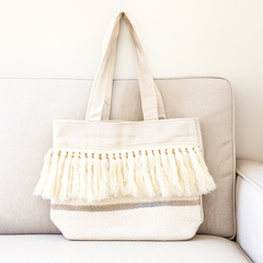 Creamy Boho Tassel Tote – All Beige Textured Handbag