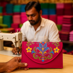 Elegant Bright Embroidered Clutch in Pink with Floral Handwork
