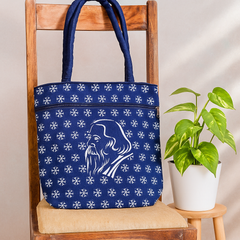 Navy Blue Handbag with Rabindranath Tagore Print & Traditional Motif