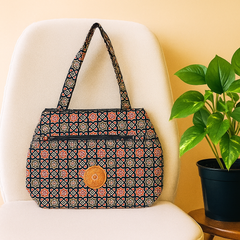 Black Jhola Bag with Multicolor Star Pattern and Orange Patch