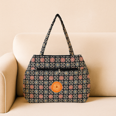 Black Jhola Bag with Multicolor Star Pattern and Orange Patch