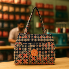 Black Jhola Bag with Multicolor Star Pattern and Orange Patch