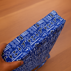 Blue Jhola Bag with Bold White Tribal Print and Red Patch