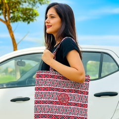 Red & White Tribal Pattern Tote Bag with Tree Emblem