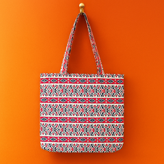 Red & White Tribal Pattern Tote Bag with Tree Emblem