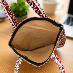 Red & White Tribal Pattern Tote Bag with Tree Emblem
