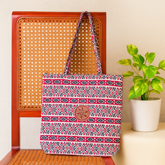 Red & White Tribal Pattern Tote Bag with Tree Emblem