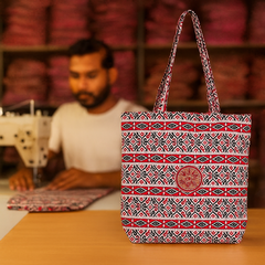 Red & White Tribal Pattern Tote Bag with Tree Emblem