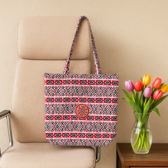 Red & White Tribal Pattern Tote Bag with Tree Emblem
