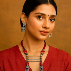 Bold Oxidized Thread Necklace Set with Red