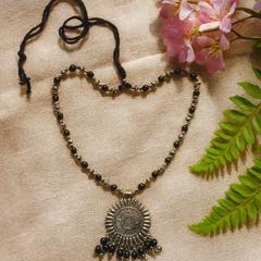 Black Beaded Oxidised Pendant Necklace