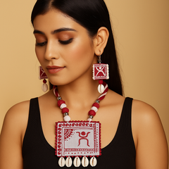 Red Warli Art Shell Necklace Set