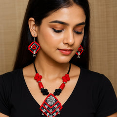 Bold Red-Black Tribal Necklace Set with Ghungroo Accents