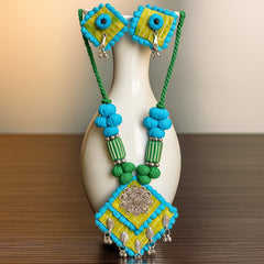 Vibrant Green & Blue Thread Necklace Set with Oxidized Charm