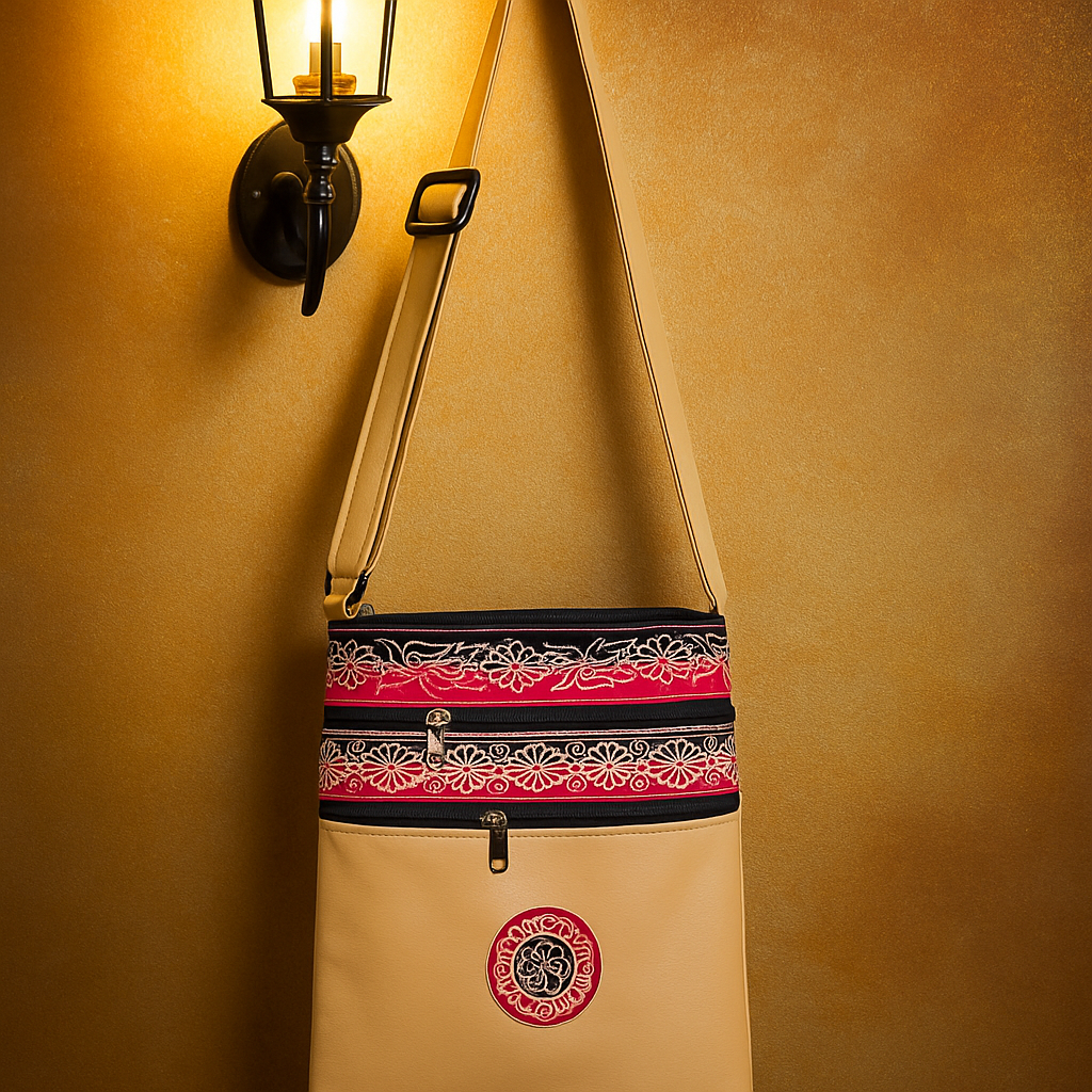 Beige Faux Leather Sling Pouch – Floral Fusion