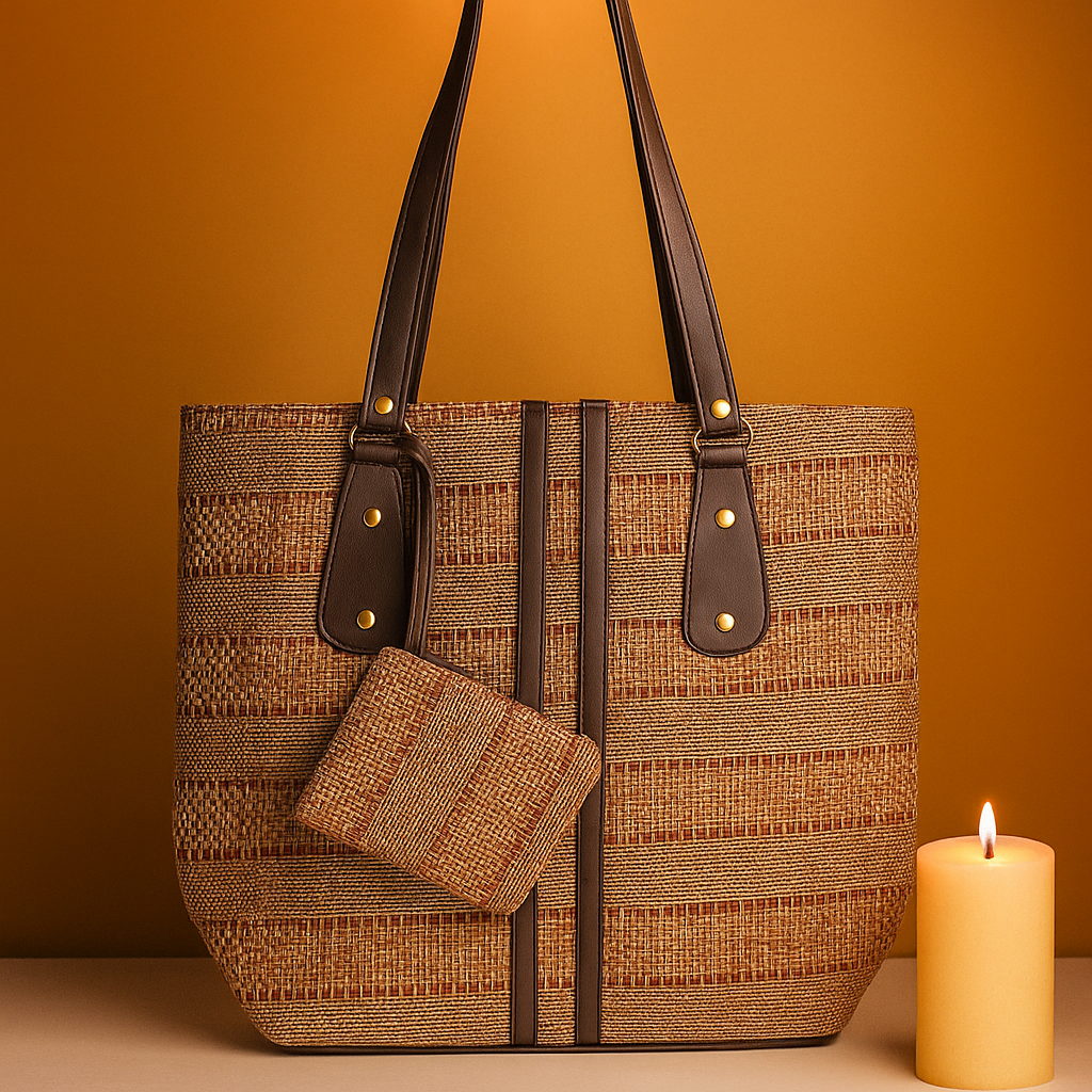 Classic Brown Handcrafted Handbag with Horizontal Weave Design