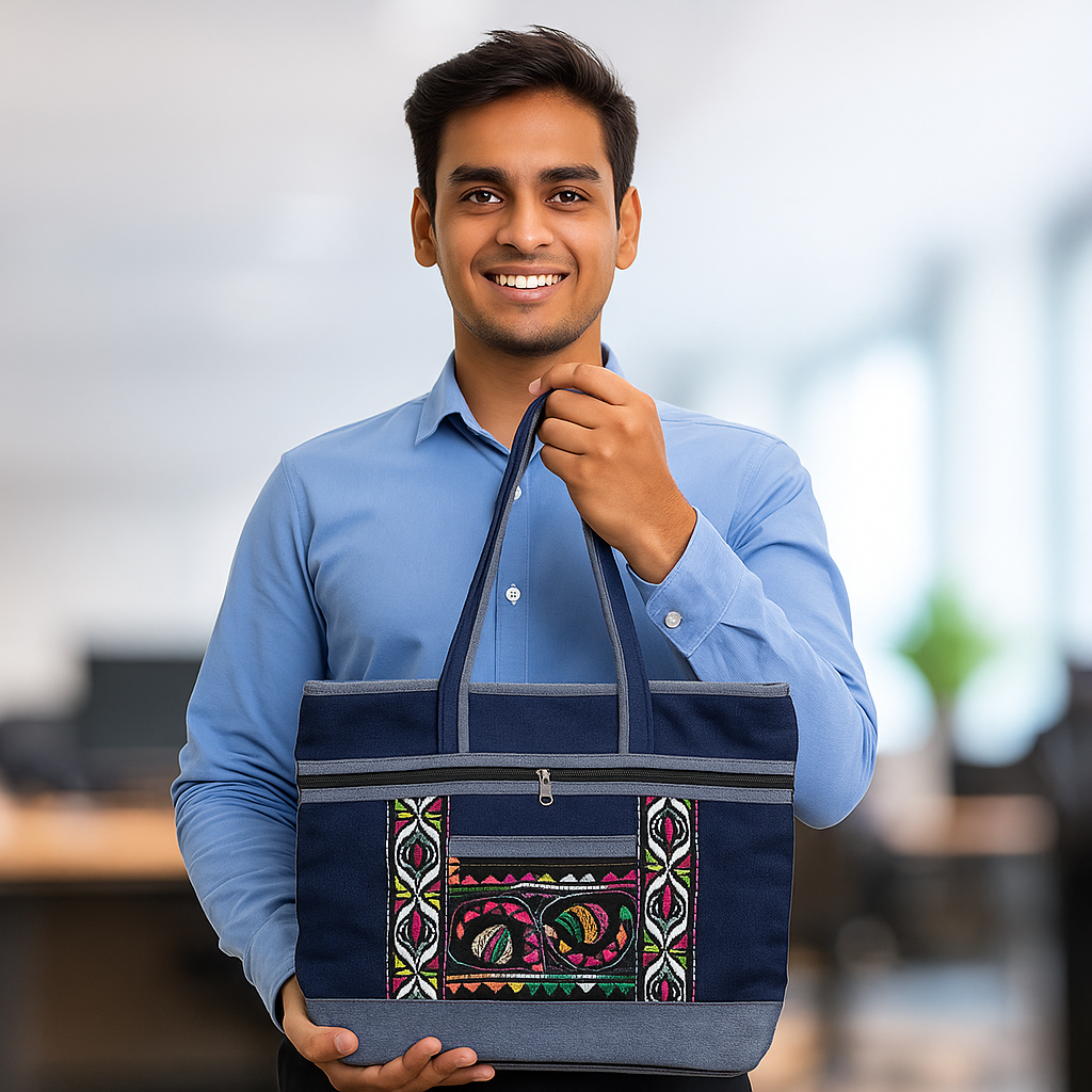 Stylish Navy Blue Handbag with Ethnic Pattern and Grey Highlights
