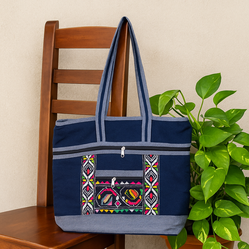 Stylish Navy Blue Handbag with Ethnic Pattern and Grey Highlights