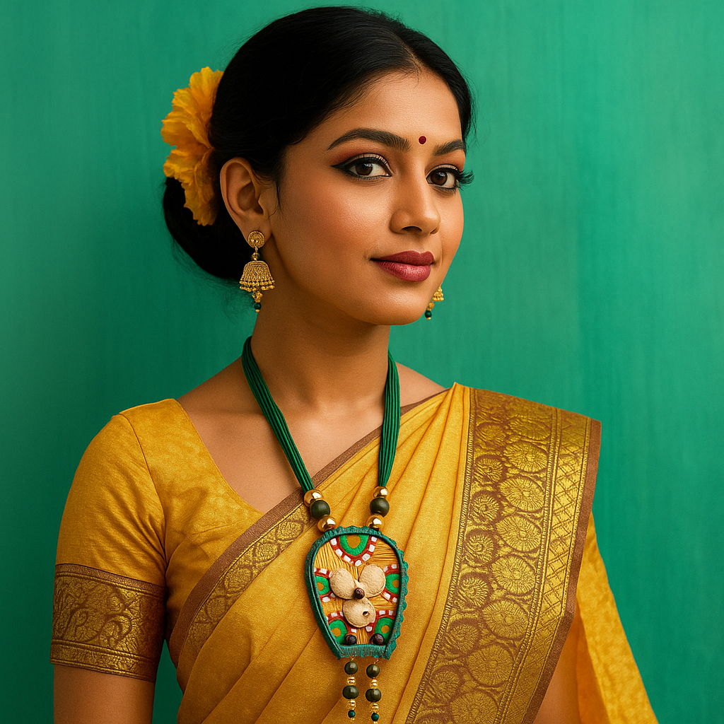 Artistic Shell & Bead Pendant Set – Green Thread Tribal Style
