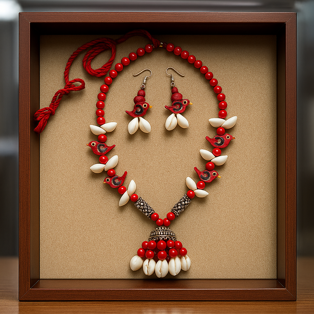 Handmade Red Bird Motif Shell Jewelry Set (Necklace + Earrings)