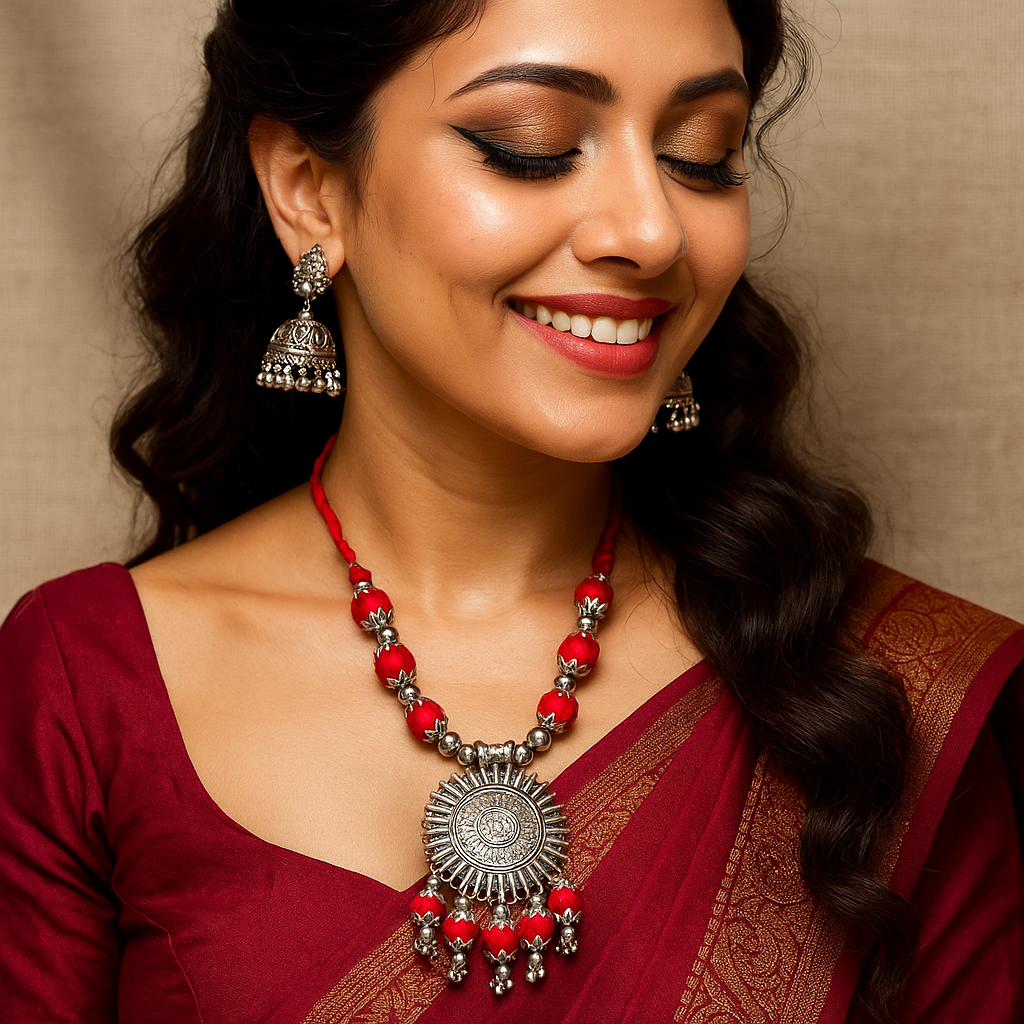 Oxidized Silver Look Necklace with Jhumka Earrings – Red Threaded Set