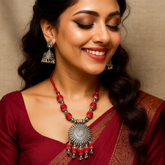 Oxidized Silver Look Necklace with Jhumka Earrings – Red Threaded Set