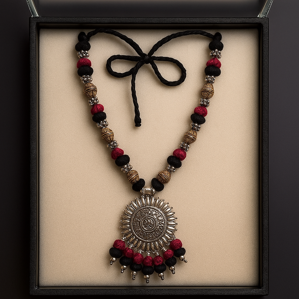 Antique Oxidized Necklace with Sun Pendant – Black & Maroon Thread Work