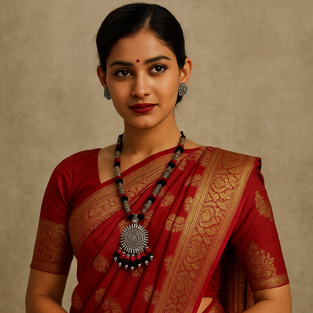 Antique Oxidized Necklace with Sun Pendant – Black & Maroon Thread Work