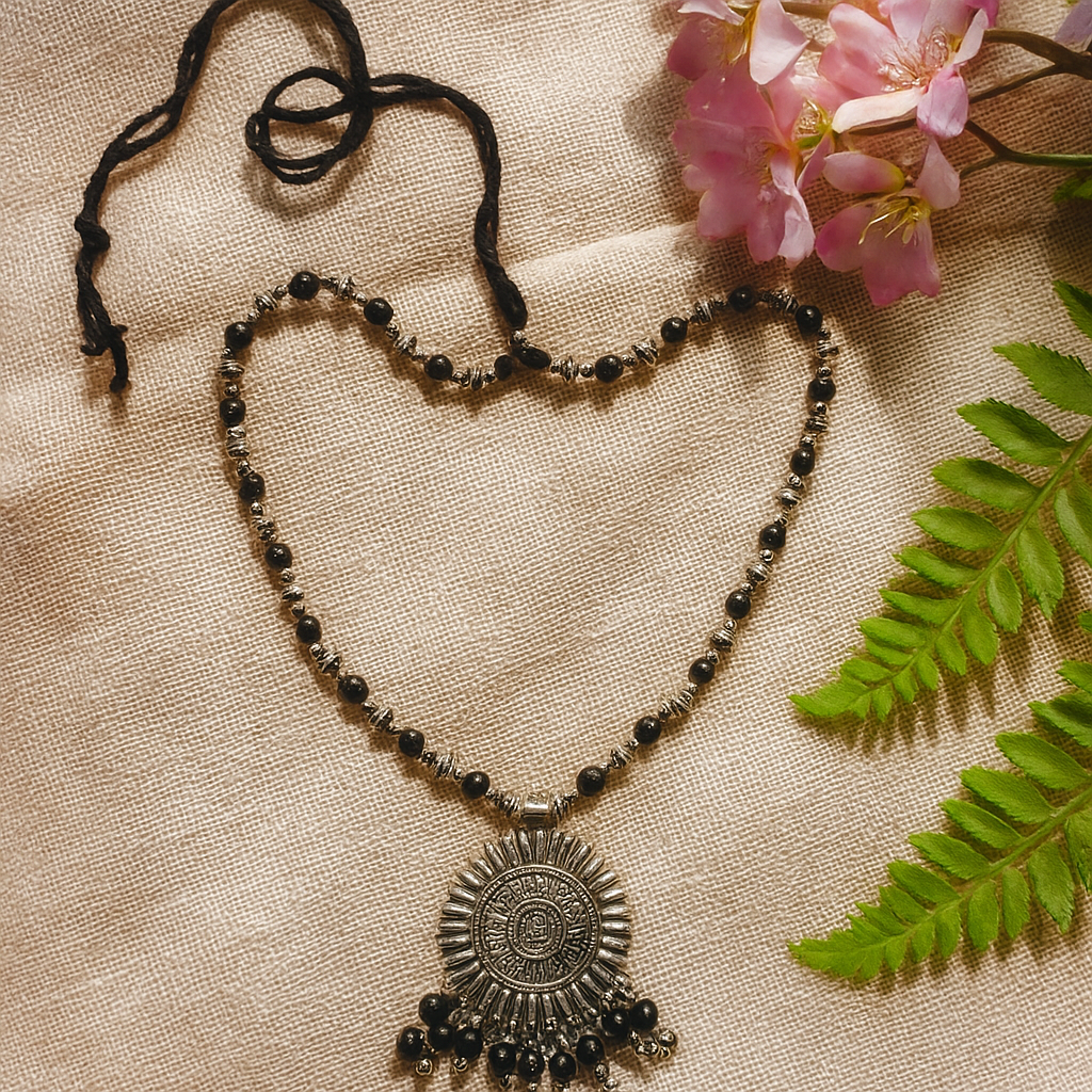 Black Beaded Oxidised Pendant Necklace
