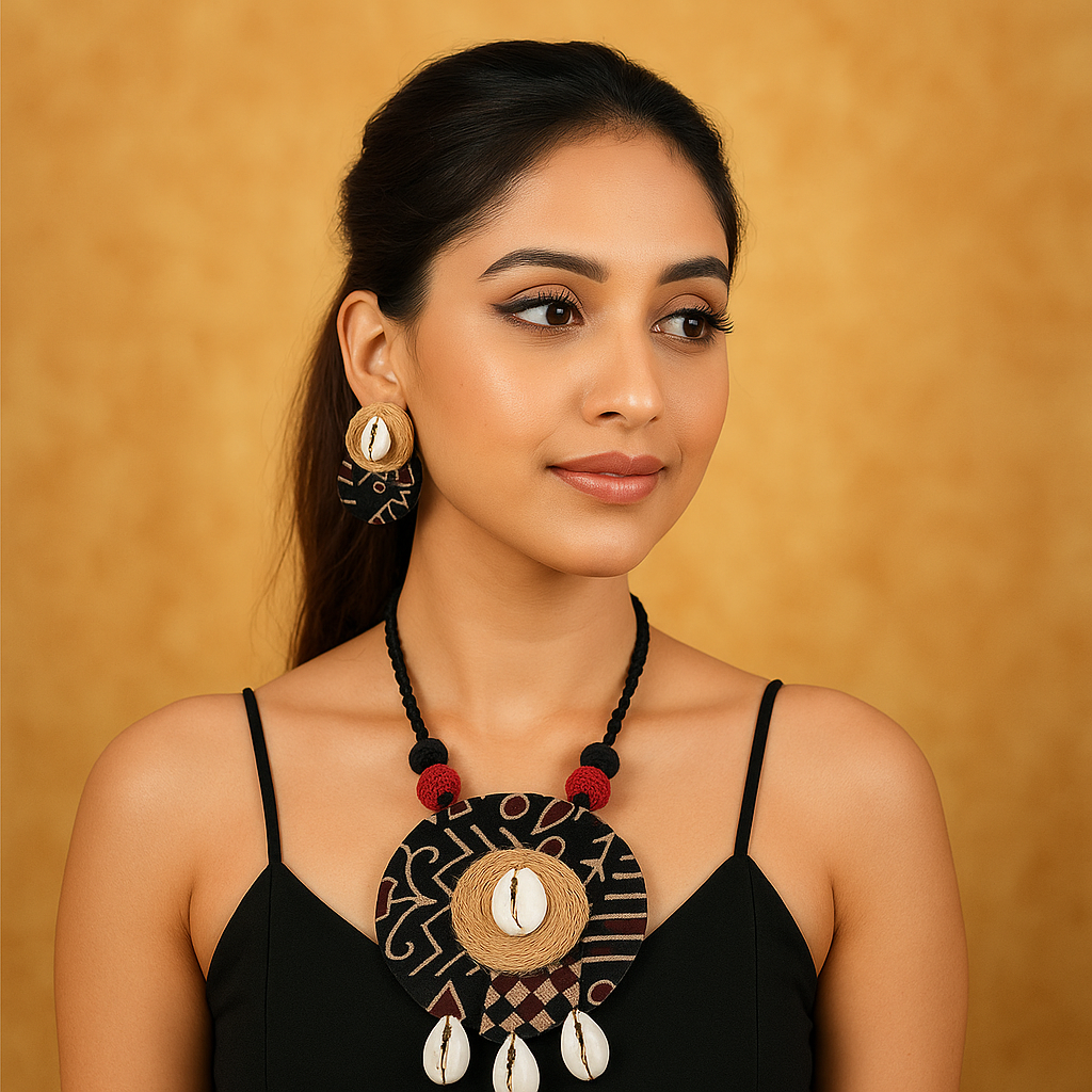 Tribal Round Pendant Cowrie Necklace Set