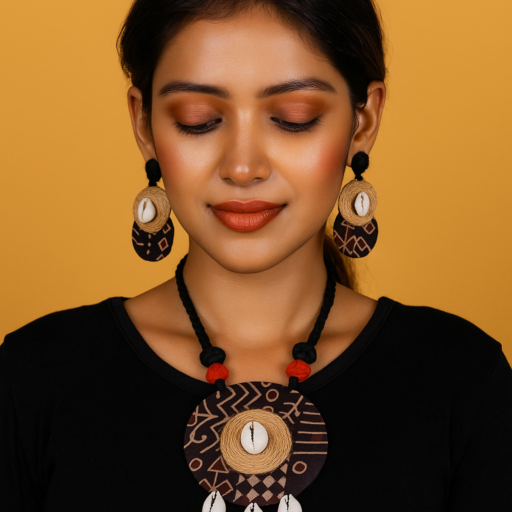 Tribal Round Pendant Cowrie Necklace Set