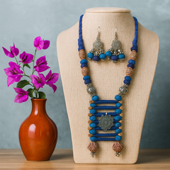 Blue & Brown Wool Bead Oxidized Pendant Necklace Set