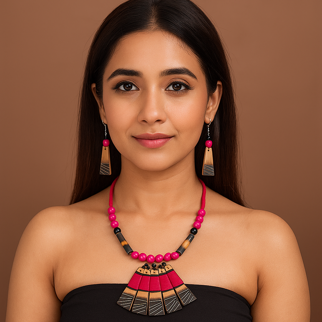 Pink & Black Beaded Fan Pendant Necklace
