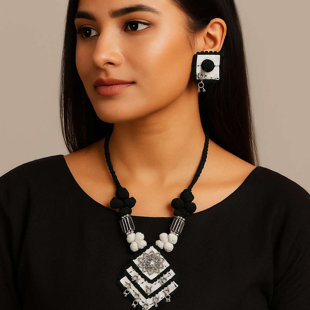 Black & White Handmade Thread Necklace Set with Square Pendant
