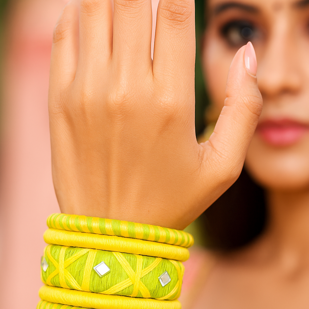 Sunshine Yellow & Green Silk Thread Bangle Set with Mirror Work