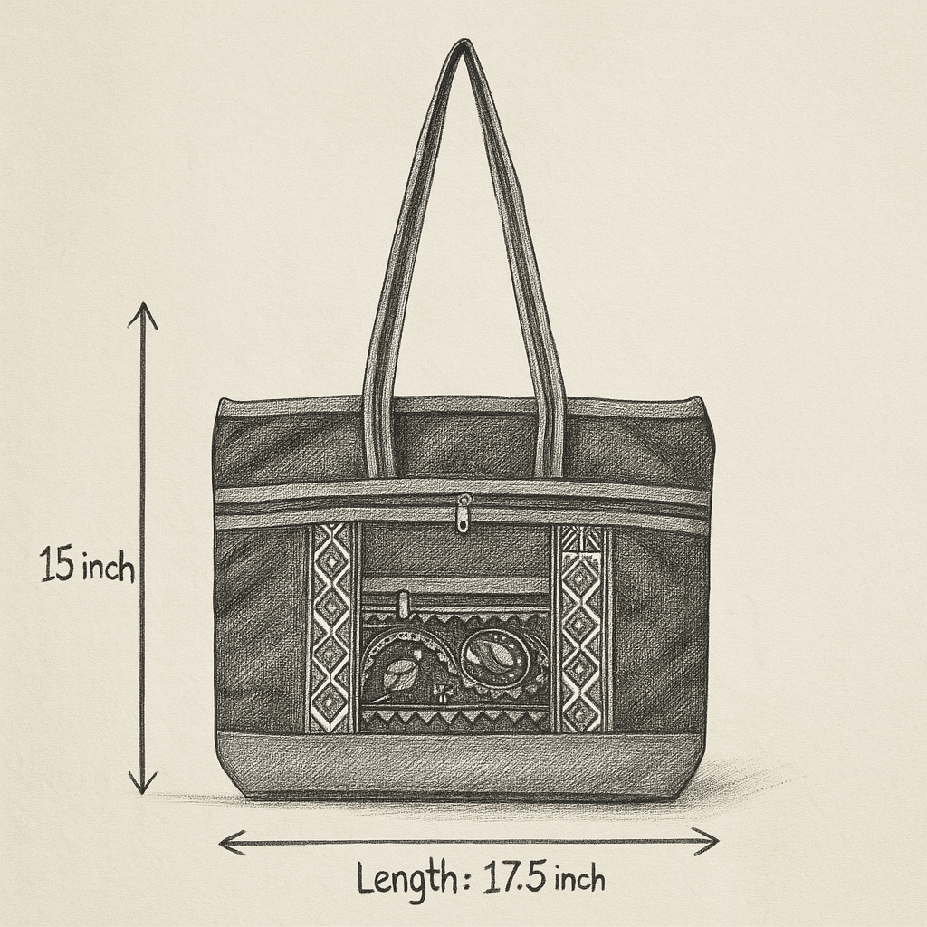 Stylish Navy Blue Handbag with Ethnic Pattern and Grey Highlights