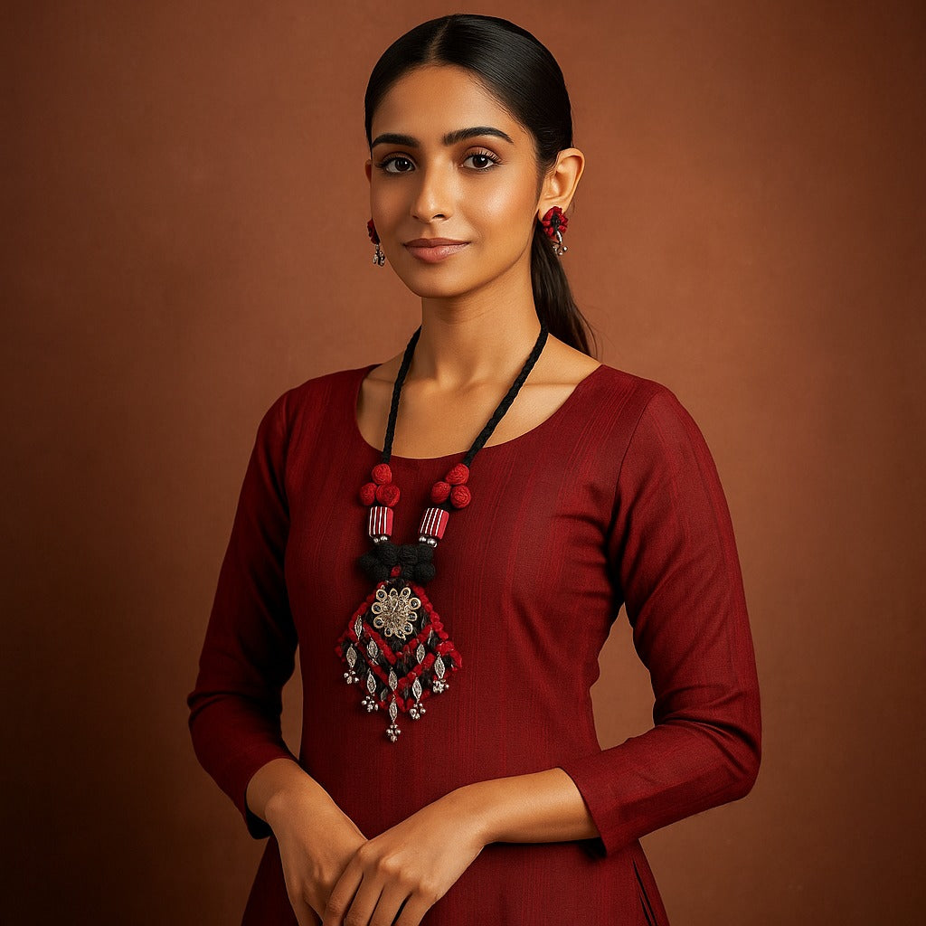 Royal Red & Black Handmade Thread Necklace Set with Floral Pendant