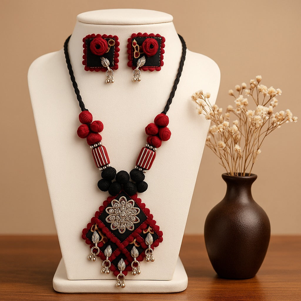 Royal Red & Black Handmade Thread Necklace Set with Floral Pendant