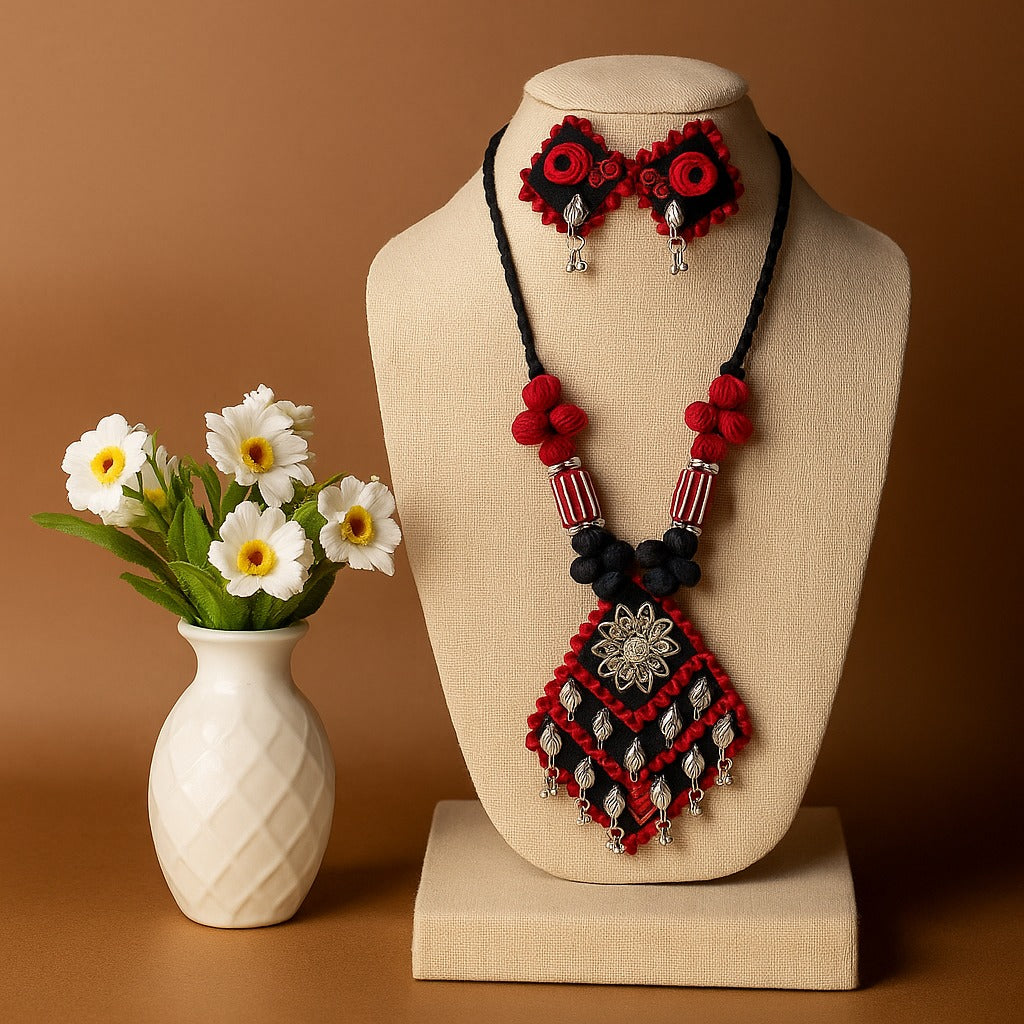 Royal Red & Black Handmade Thread Necklace Set with Floral Pendant